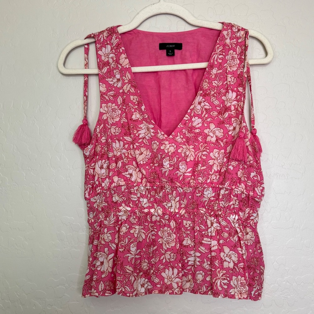 J.Crew Womens Cotton Floral V-Neck Peplum S Pink Tassel Sleeveless Cottagecore